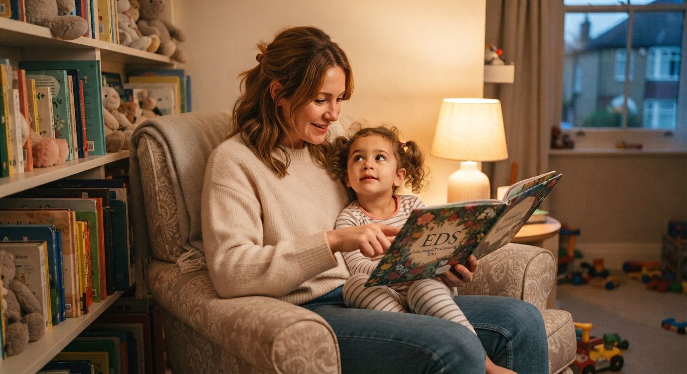 A mother reading a book with her young daughter in a cozy room.
