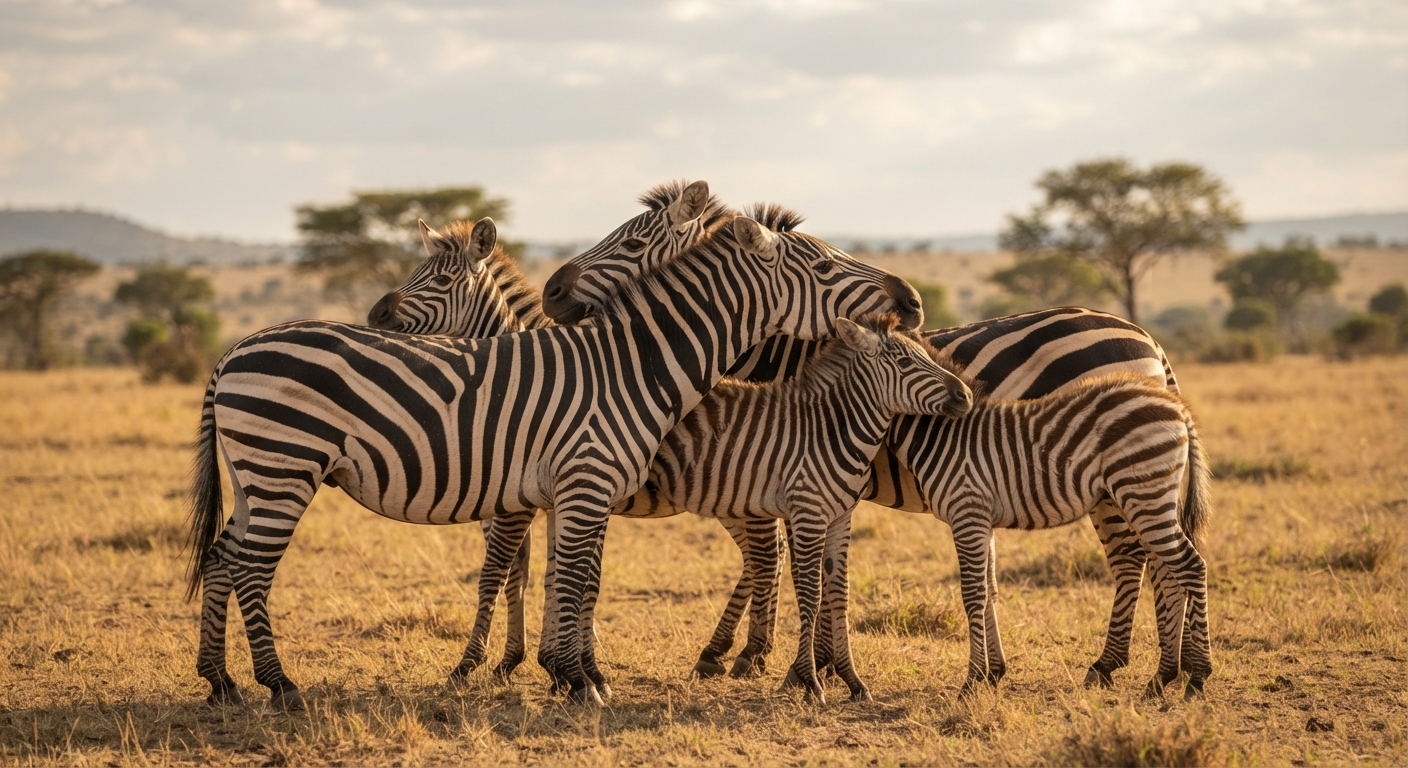 A small group of zebras gathered close together, resting their heads on one another.
