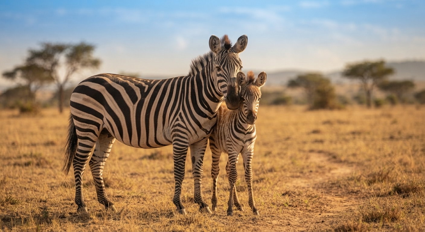 An adult zebra and its foal standing close together on the plain.